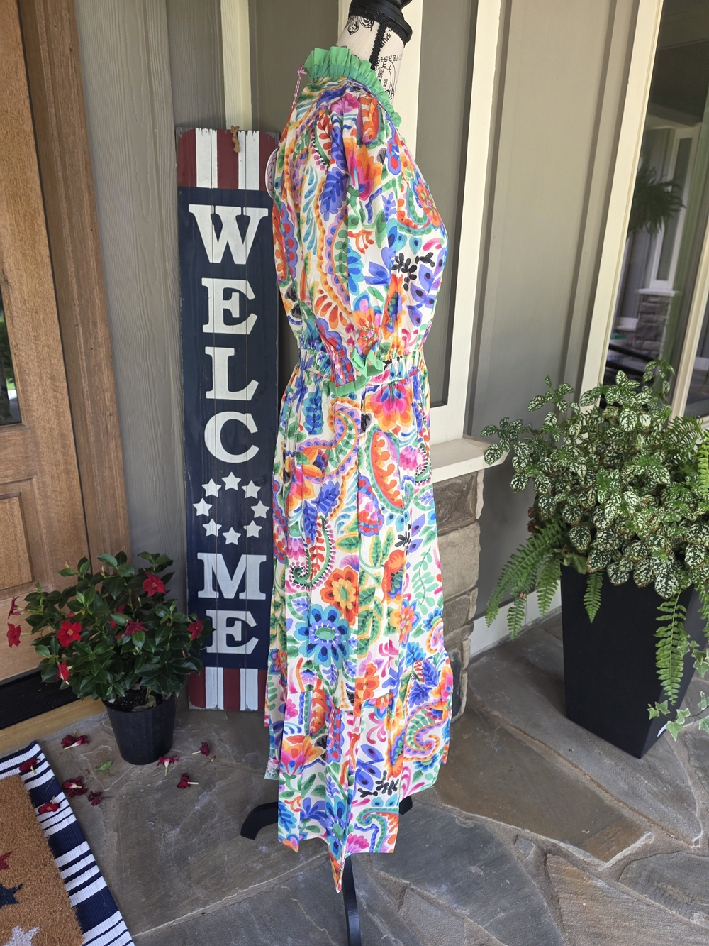 Umgee Multicolor Floral Midi Dress with Green Trim-NWT - Picture 5 of 9